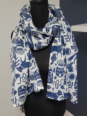 100% Cotton Scarf, Blue and White Woodland Print,  43" × 71" - NWT